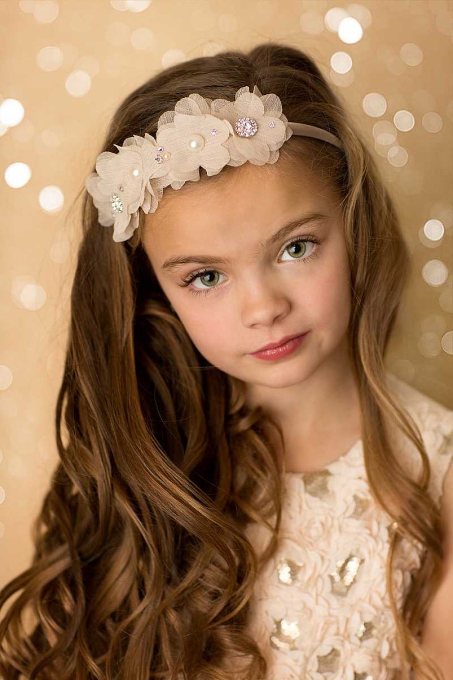 Girls Cute Cute | Chiffon Tan Flowers With Swarovski Diamante, Pearls And Rhinestones