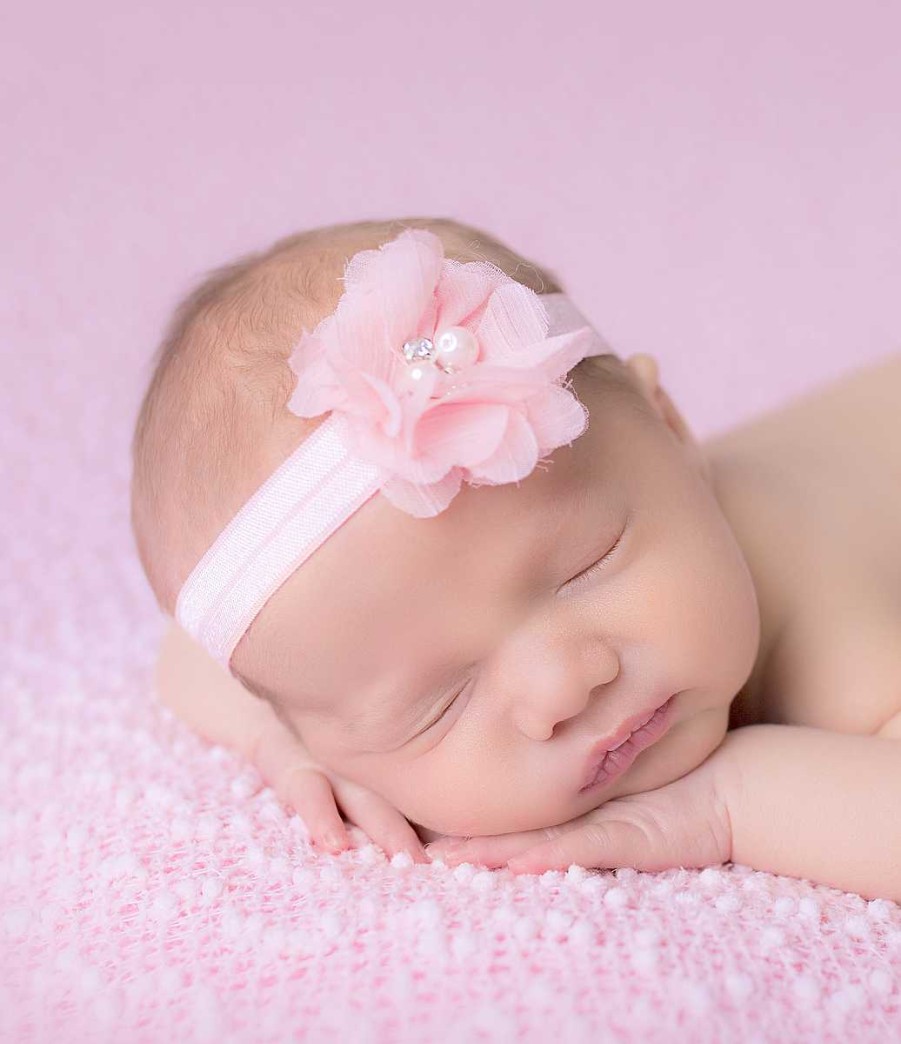 Girls Cute Cute | Baby Pink Chiffon Flower With Pearls And Stones A Soft Pink Elastic Headband