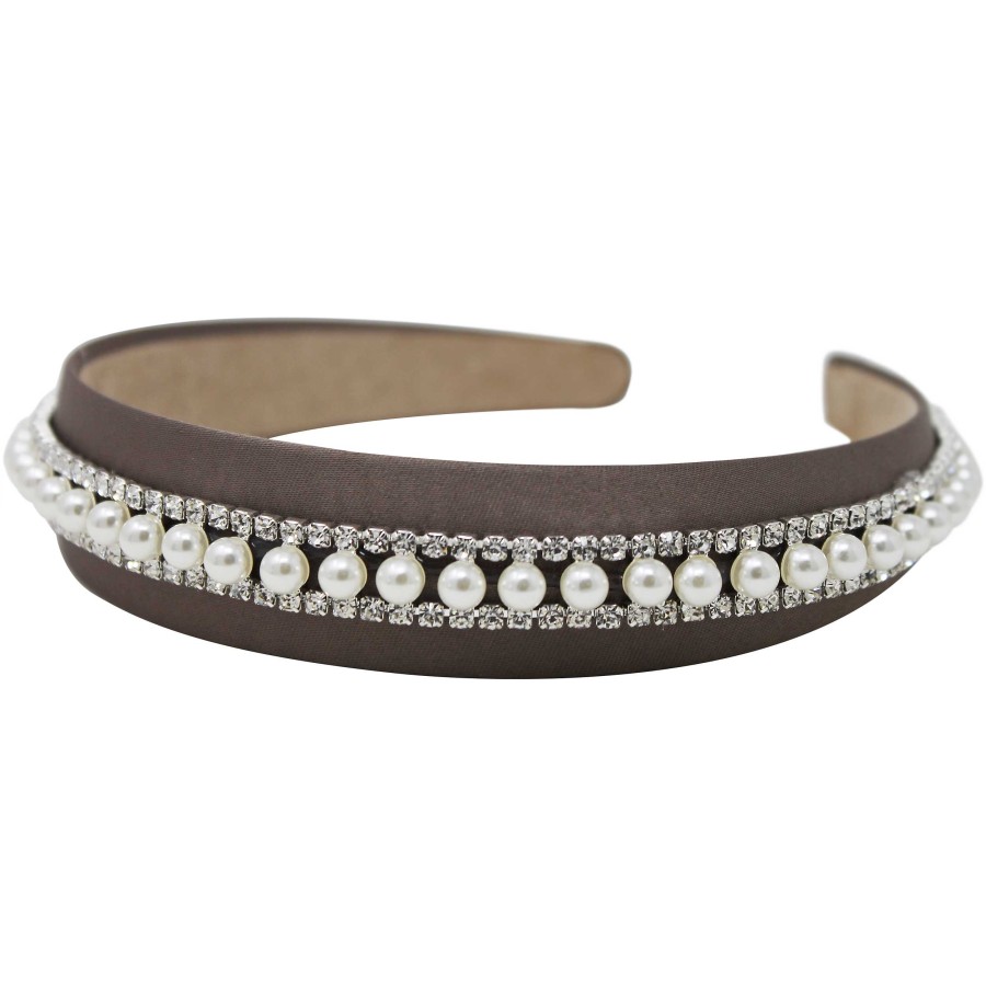 Woman Cute Cute | Brown Wide Alice Band With Pearl And Crystal Trim