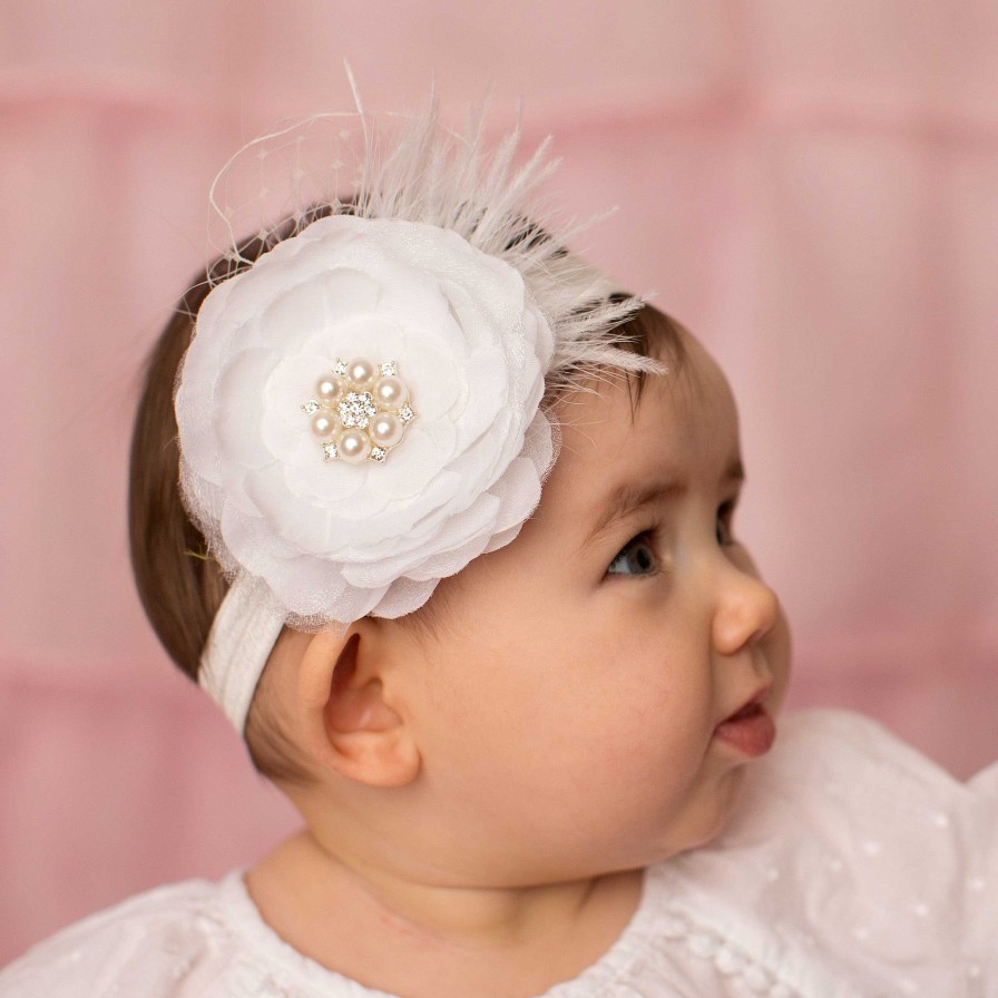 Girls Cute Cute | Beautiful White Silk Layered Flower With Pearl And Stone Finished With Marabou Feather And Delicate Net Veil On A Soft Elastic Headband