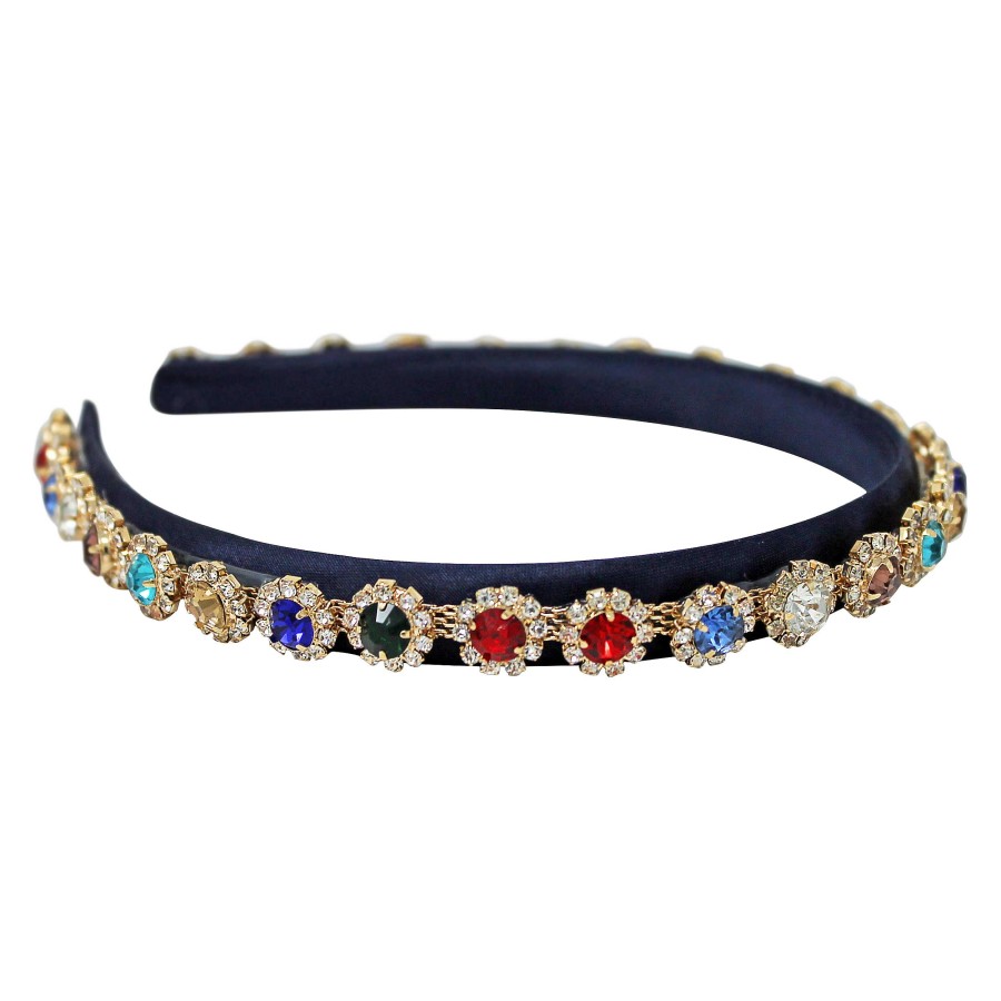 Woman Cute Cute | Navy Alice Band With Colourful Stones In A Gold Cased Diamante