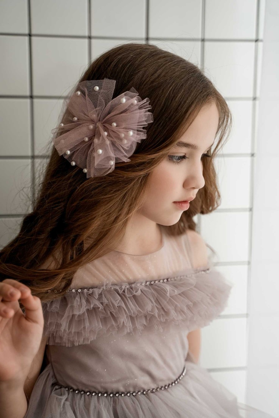 Girls Cute Cute | Dusky Pink Chiffon Bow With Pearls On An Alligator Clip