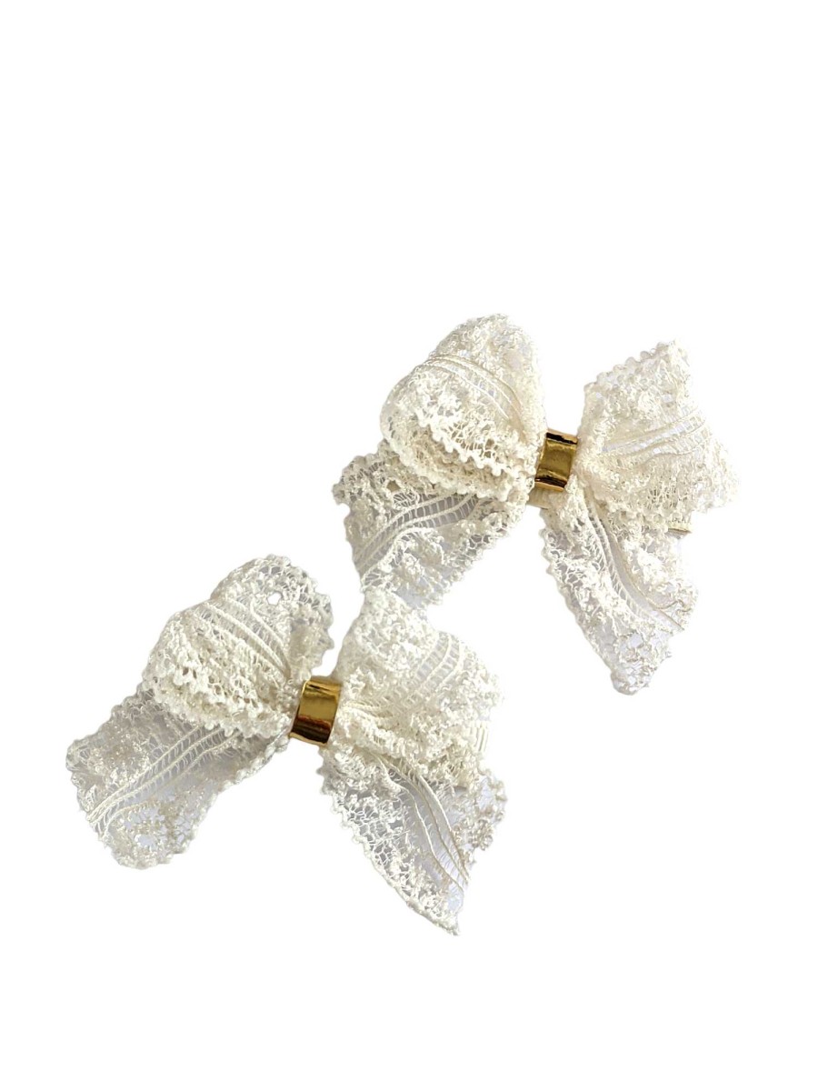 Girls Cute Cute | Set Of Two Off White Lace Bows With Gold Middle On Clips