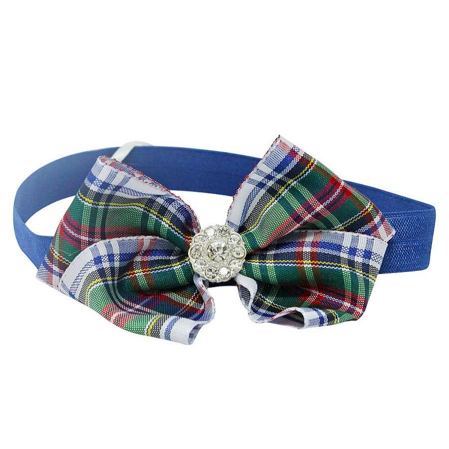 Girls Cute Cute | White, Navy, Red And Green Gingham Medium Bow With Rhinestone Button On A Soft Headband