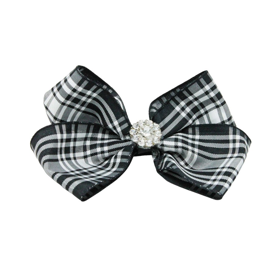 Girls Cute Cute | Black And White Ghigham Large Bow With Rhinestone On A Clip