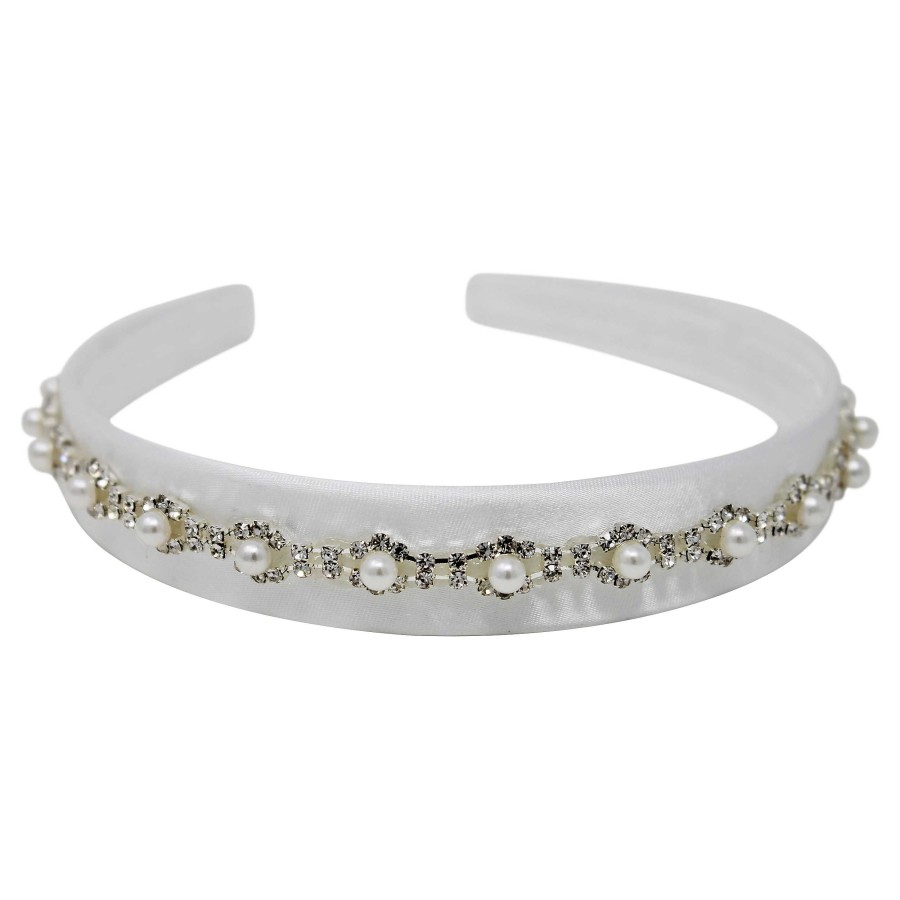 Woman Cute Cute | White Satin Alice Band With Crystal And Pearl Trim