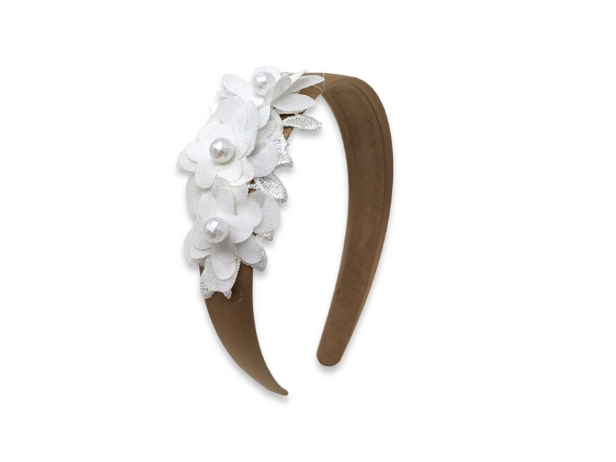 Girls Cute Cute | Brown Wide Alice Band With Off White Flowers And Pearls