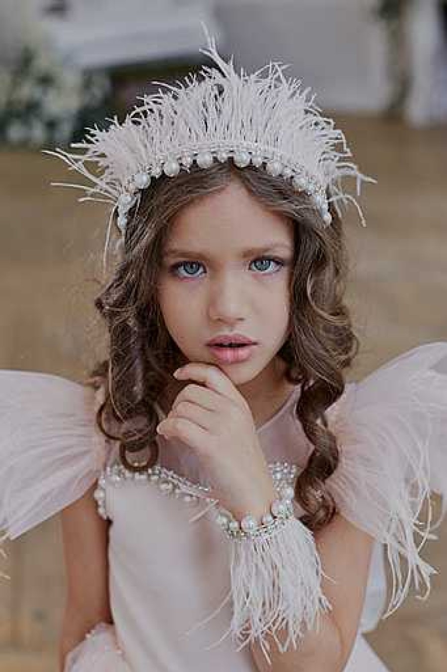 Girls Cute Cute | Blush Marabou Feather With Crystal And Pearl Ivory Alice Band