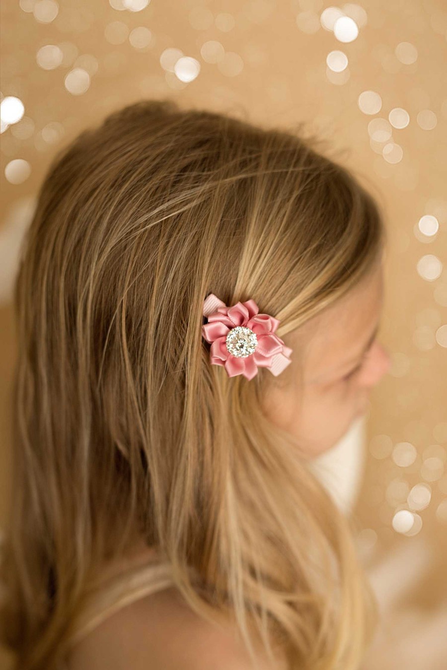 Girls Cute Cute | Beige Satin Flower With Rhinestone Button On An Alligator Clip.