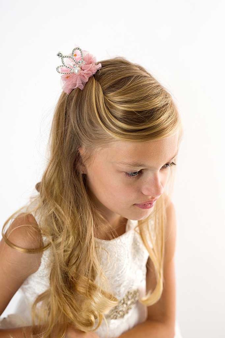 Girls Cute Cute | Diamante Crown On Tulle Ball With Pearl, Satin Bow On A Clip