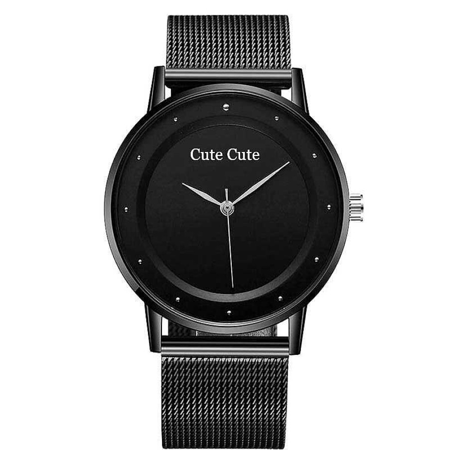 Woman Cute Cute | Black Watch With A Black Face And Stainless Steel Mesh Bracelet