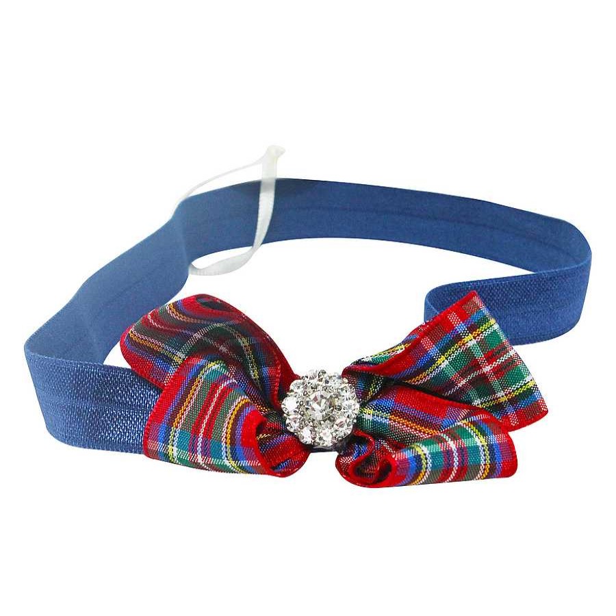 Girls Cute Cute | Checked Red And Navy Gingham Medium Bow With Rhinestone Button On A Soft Headband