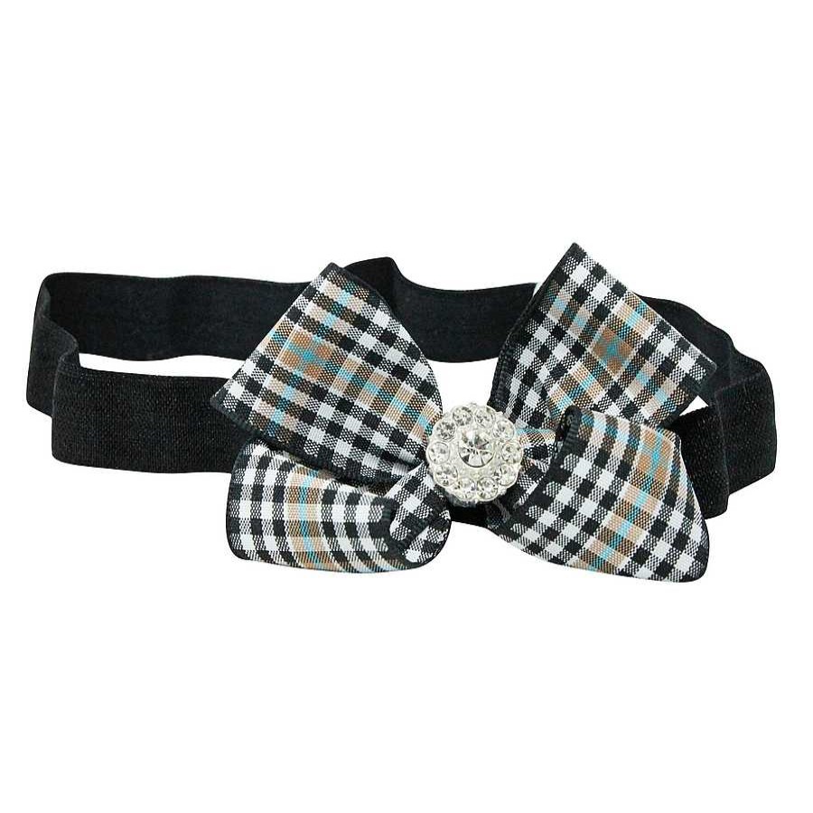 Girls Cute Cute | Checked Black, White, Beige Gingham Medium Bow With Rhinestone Button On A Soft Headband