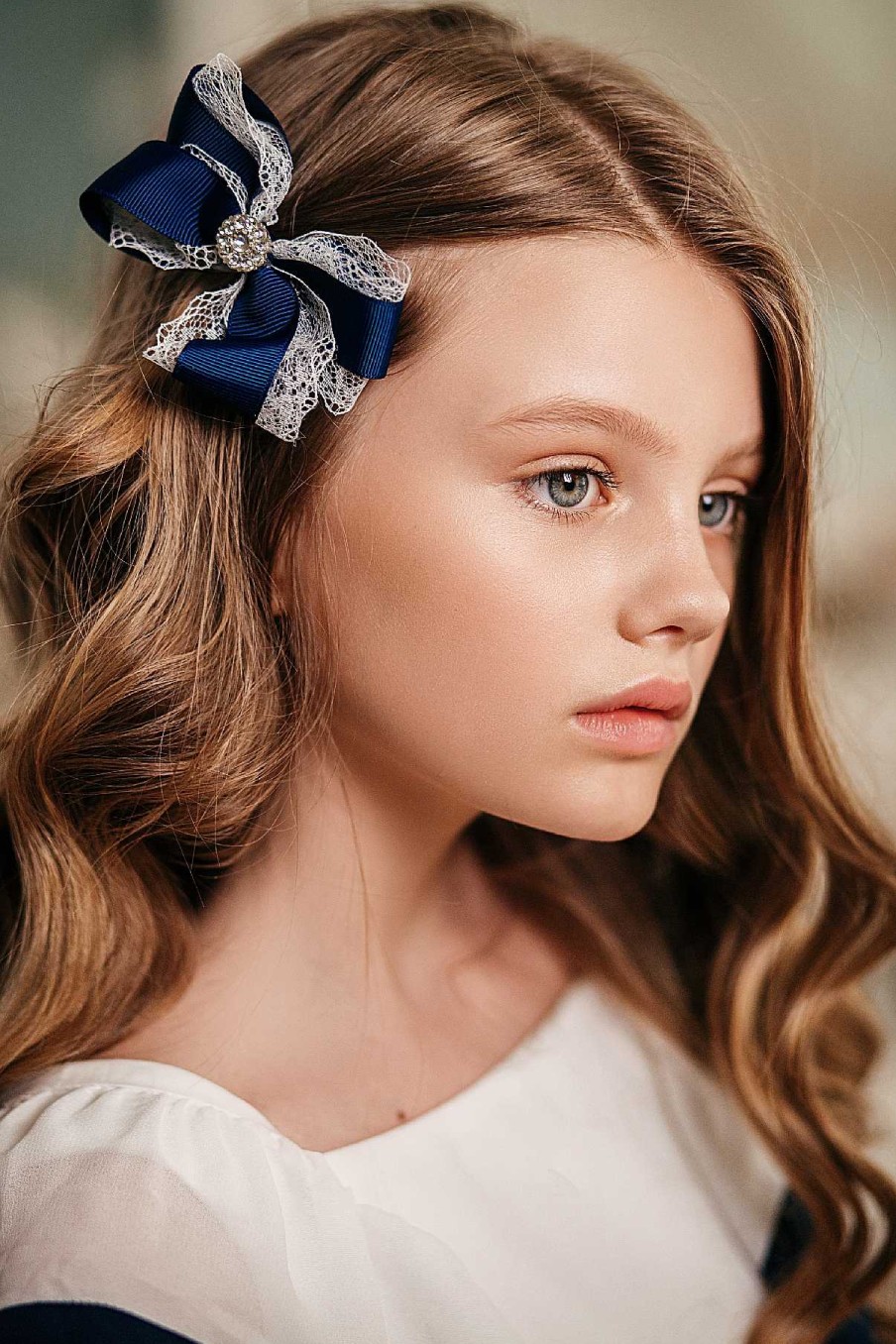 Girls Cute Cute | Navy And White Lace Bow With Rhinestone On A Clip