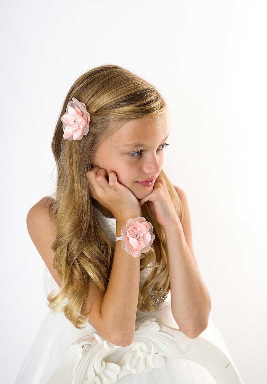 Girls Cute Cute | Blush Chiffon And Satin Flower With Rhinestone And Pearls On A Soft Bracelet