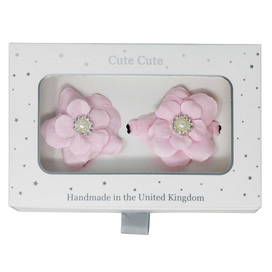 Girls Cute Cute | Gorgeous Pink Flowers With Pearl Rhinestone, Set- Clip And Bracelet