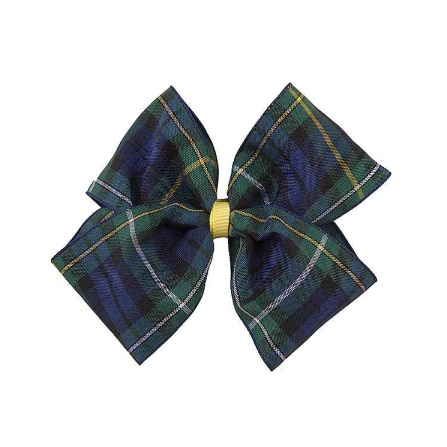 Girls Cute Cute | Large School Double Bow In Green And Navy Woven Tartan On A Clip