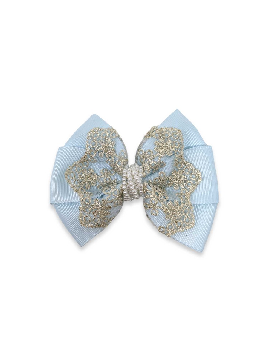 Girls Cute Cute | Oversized Bow With Gold Lace And Pearls In Blue