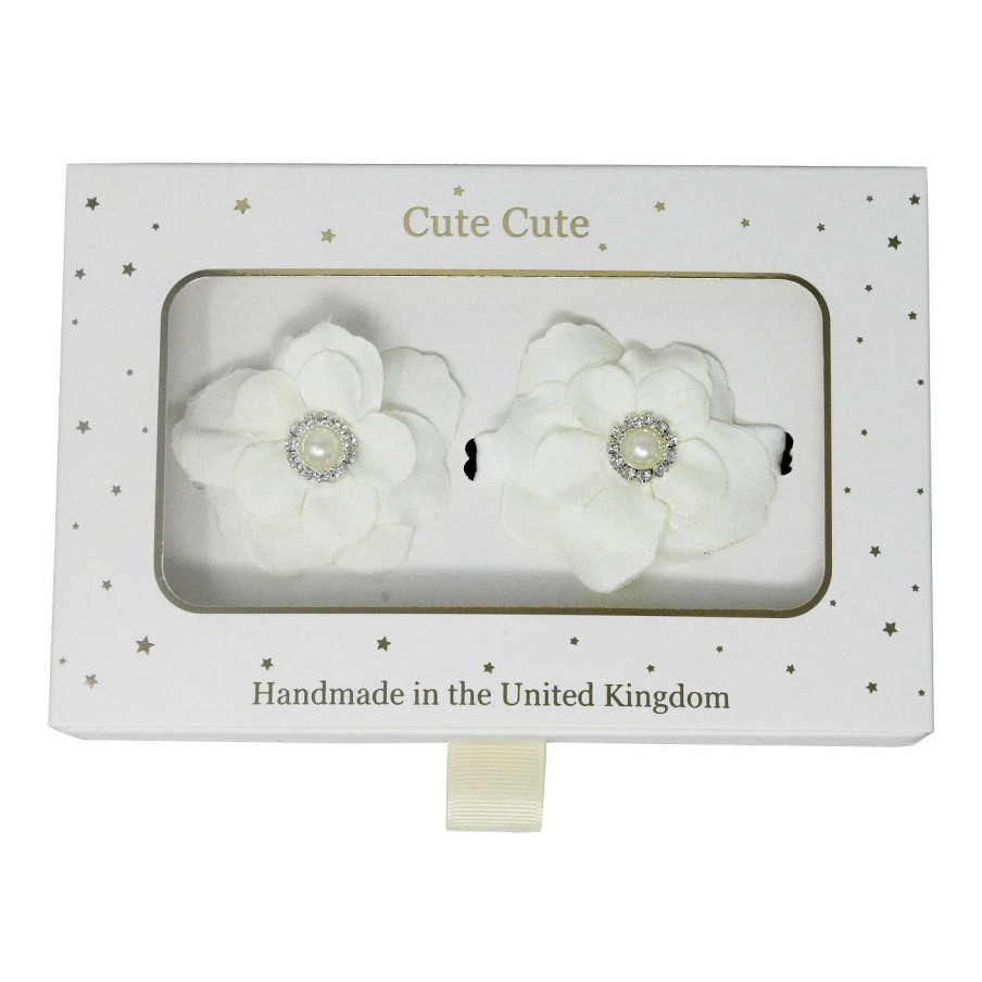 Girls Cute Cute | Gorgeous Ivory Flowers With Pearl Rhinestone, Set- Clip And Bracelet