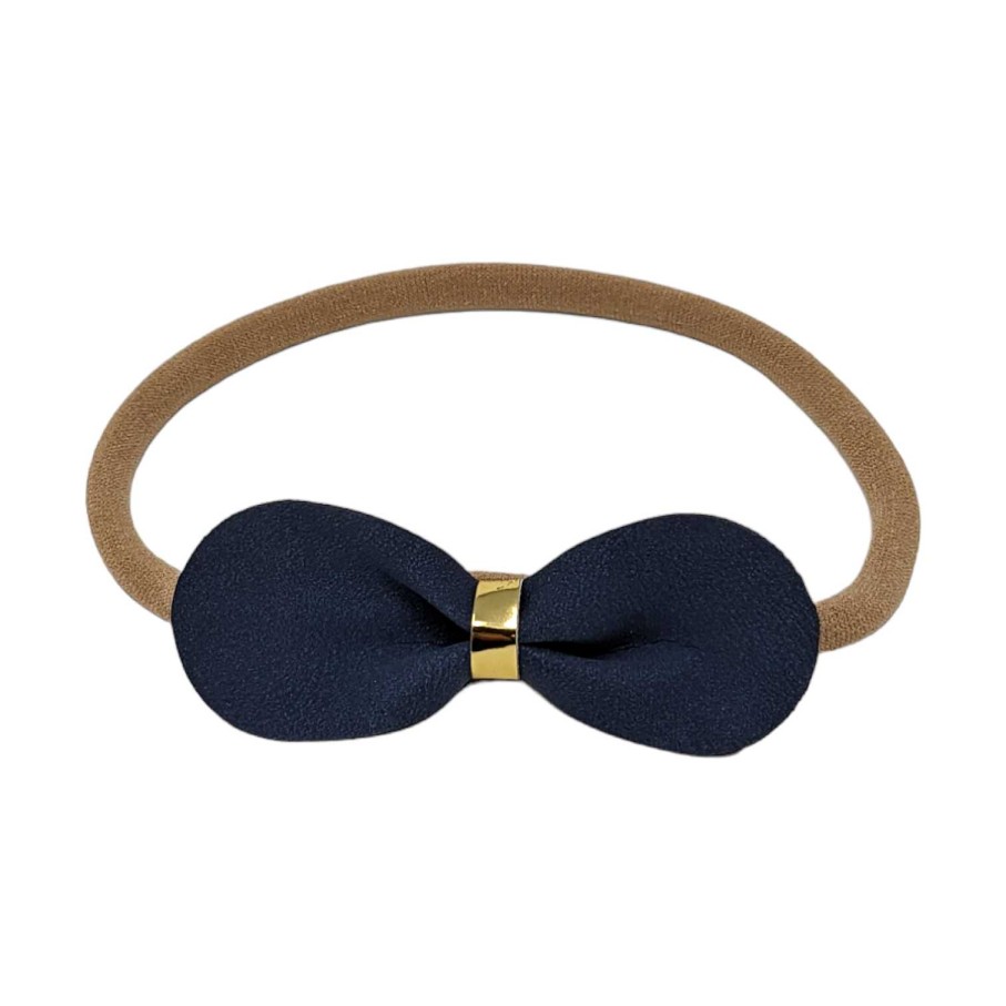 Girls Cute Cute | Navy Bow With Gold Center On A Skinny Soft Nylon Headband