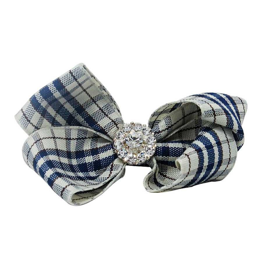 Girls Cute Cute | Checked Navy And Ivory Gingham Bow With Rhinestone On A Clip