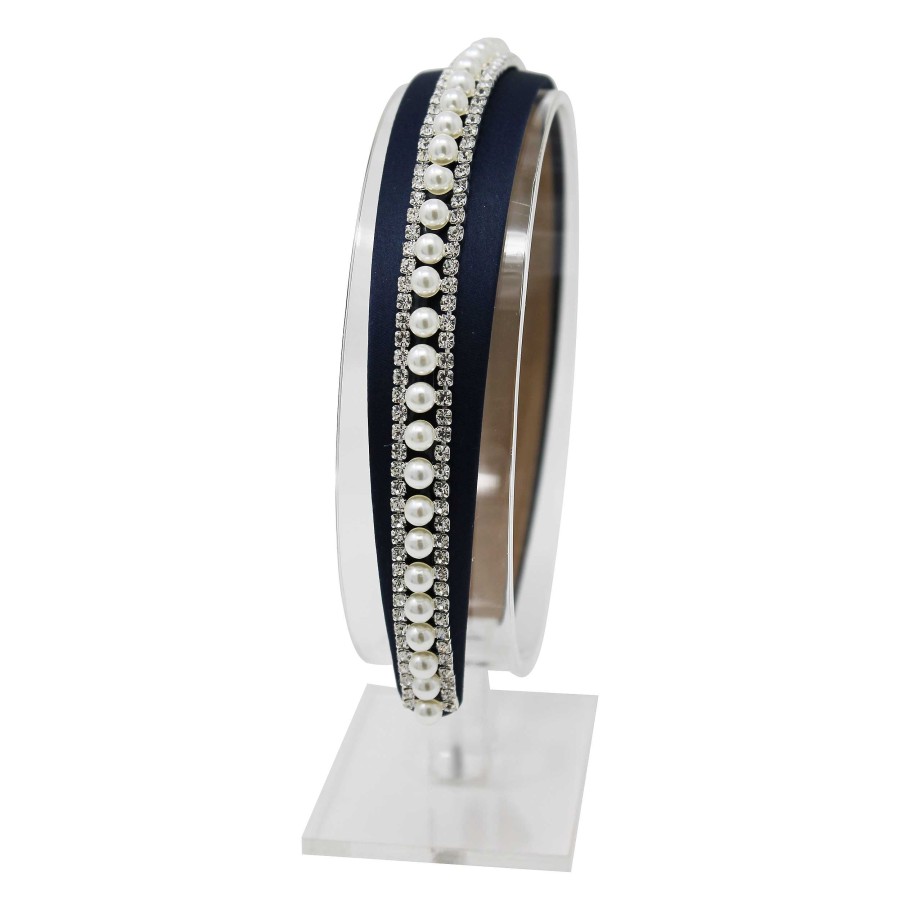 Woman Cute Cute | Navy Wide Alice Band With Pearl And Crystal Trim