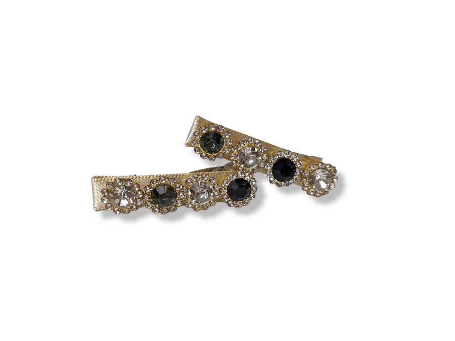 Girls Cute Cute | Pair Of Satin Gold Clips With Black And Clear Gold Cased Rhinestone Buttons.