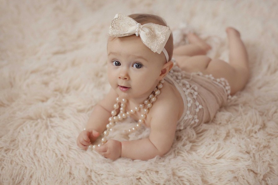 Girls Cute Cute | Ivory Satin And Gold Lace Bow Decorated With Stunning Pearl Trim On A Soft Elastic Headband