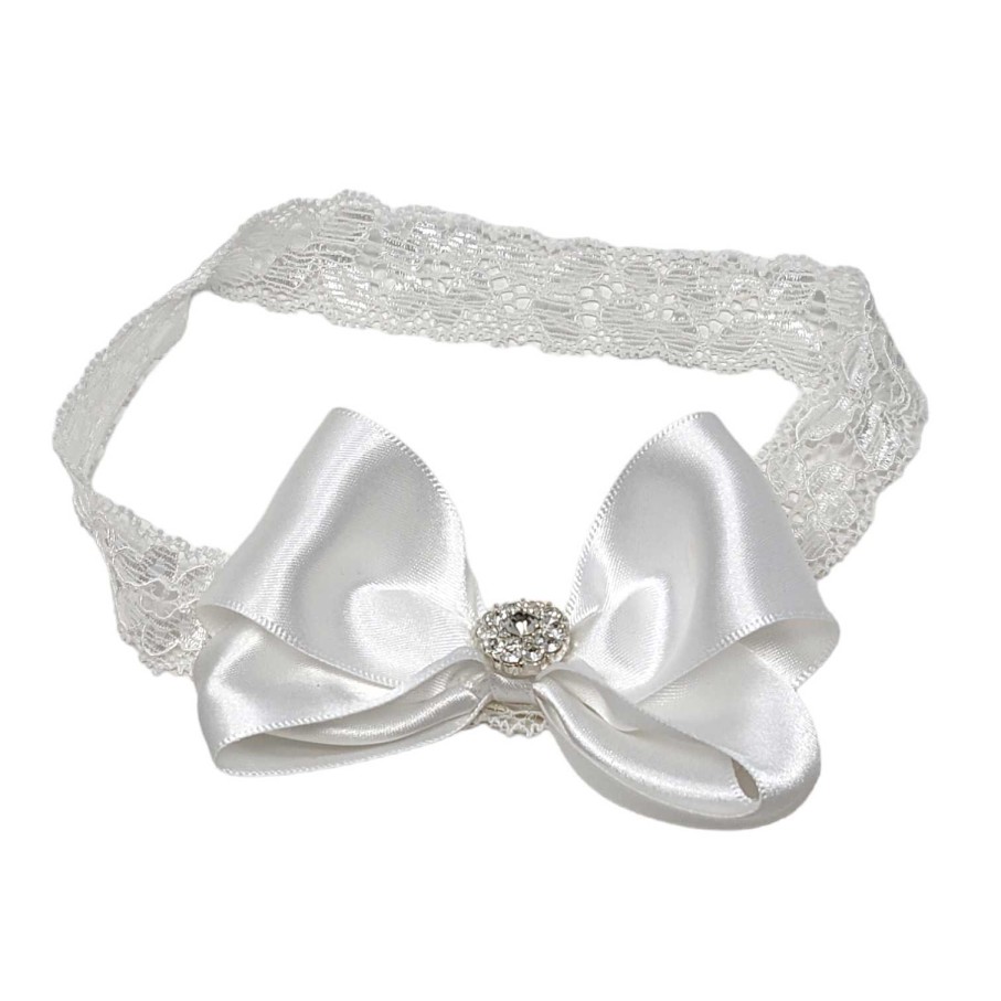 Girls Cute Cute | White Large Satin Bow On Soft Lace Headband