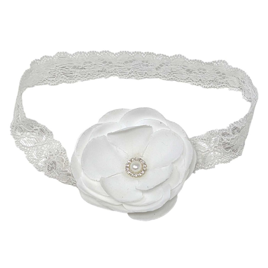 Girls Cute Cute | White Flower With Rhinestone On A Soft Lace