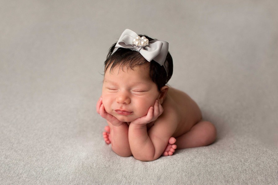 Girls Cute Cute | Beautiful Grey Double Bow Decorated With Sparkly Rhinestone On A Delicate Grey Elastic Headband