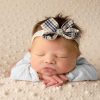 Girls Cute Cute | Checked Navy And Ivory Bow With Rhinestone On Ivory Elastic Headband