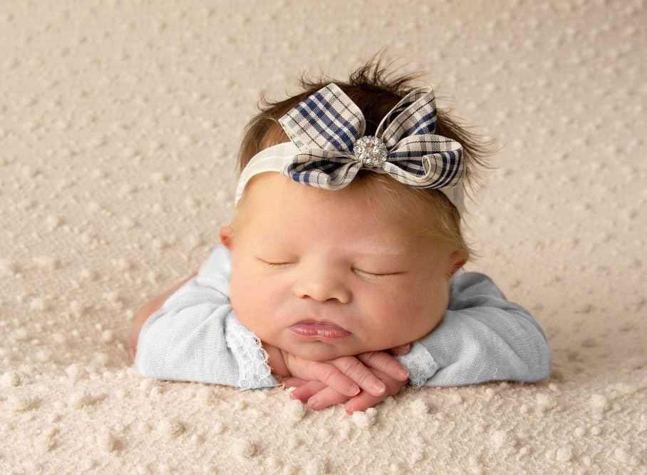 Girls Cute Cute | Checked Navy And Ivory Bow With Rhinestone On Ivory Elastic Headband