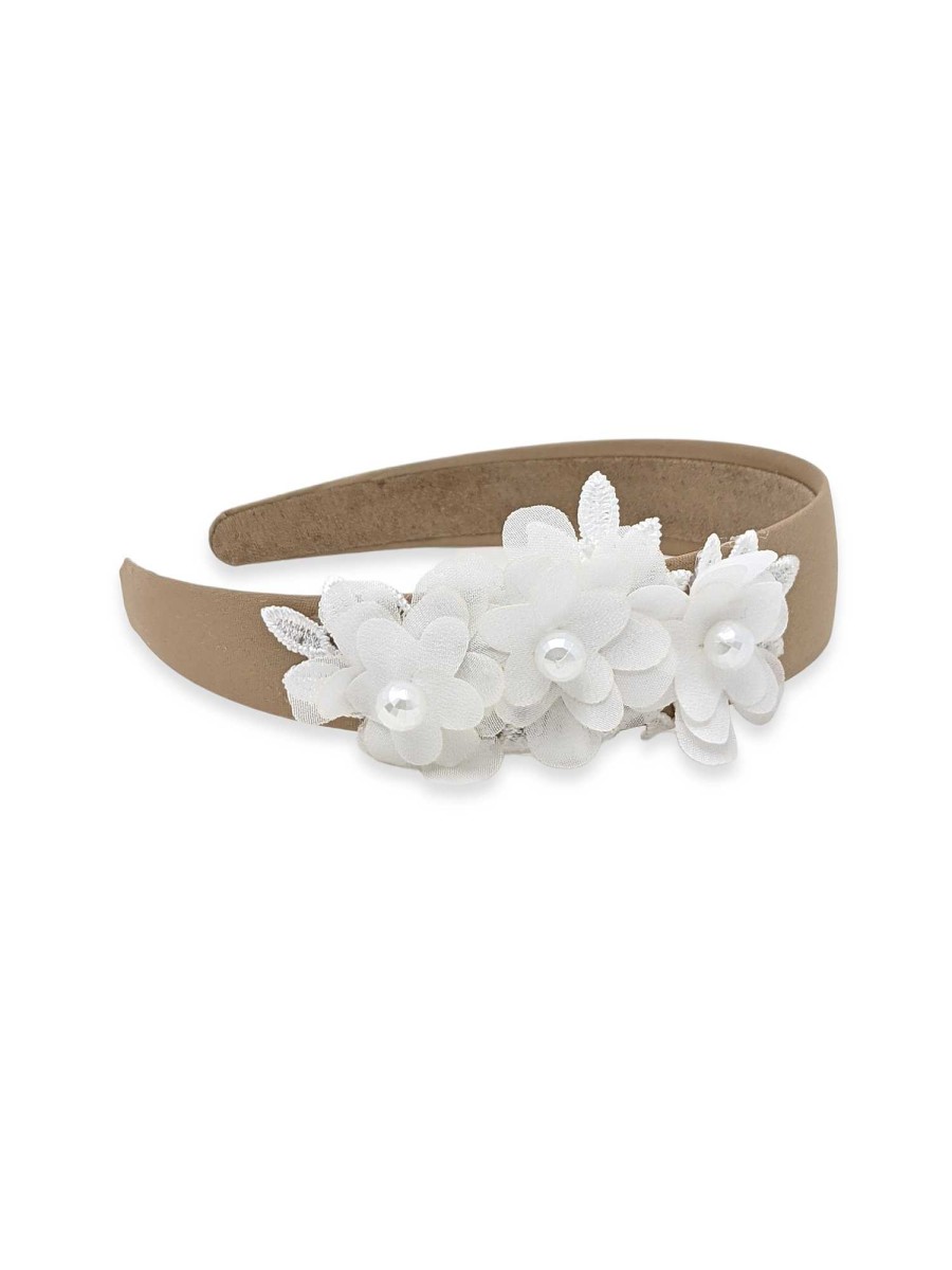 Girls Cute Cute | Brown Wide Alice Band With Off White Flowers And Pearls