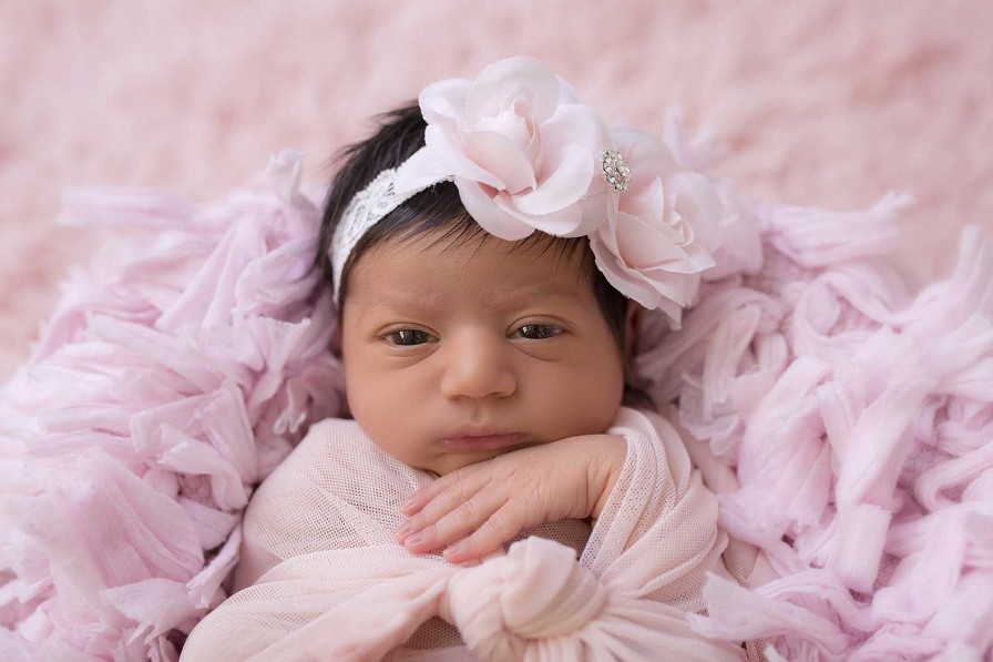 Girls Cute Cute | Light Pink Roses With Rhinestone On A Soft Elastic Lace Headband