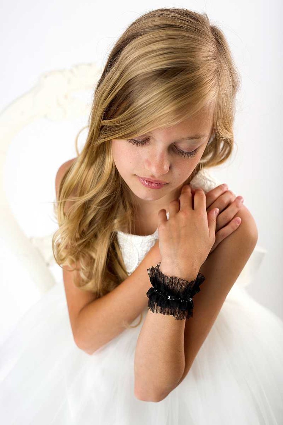 Girls Cute Cute | Black Chiffon And Tulle Trim With Swarovski Crystals And Pearls On Satin Ribbon